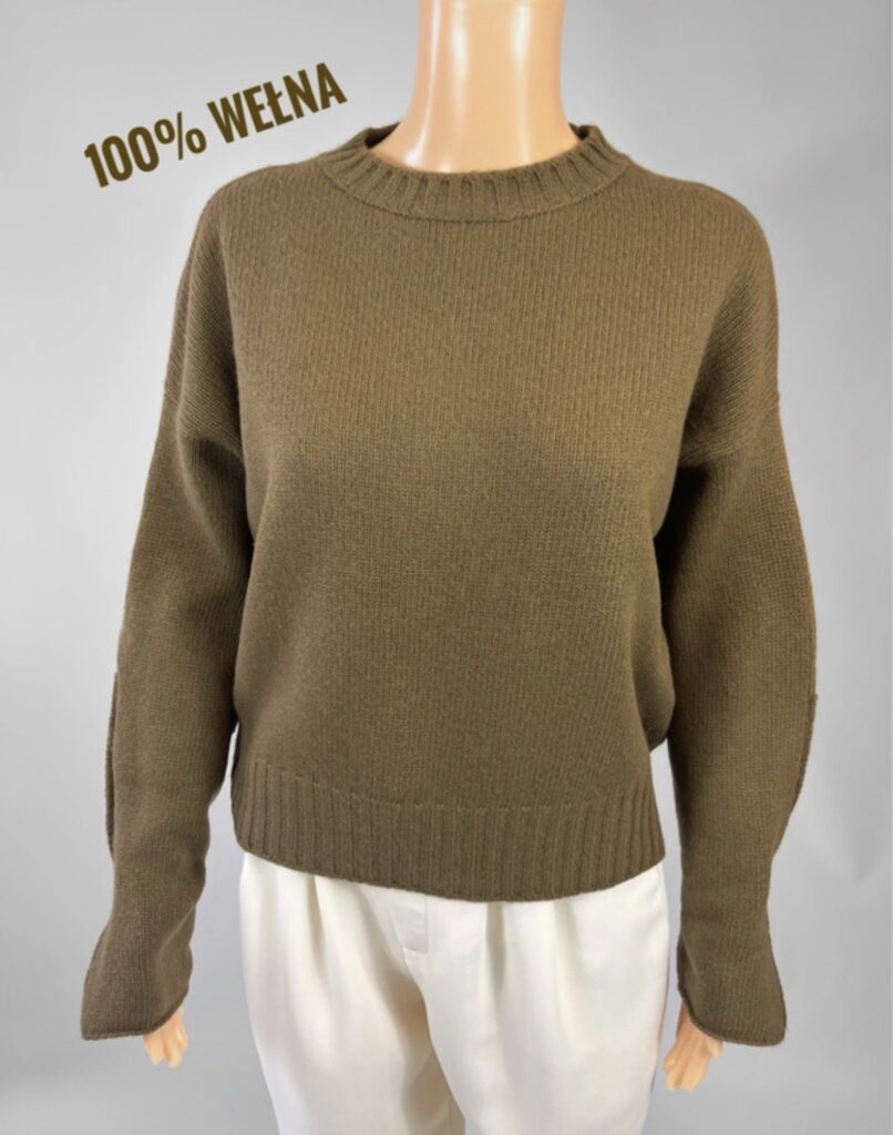 Jucca – damski sweter 100% wełna dziewicza, khaki oliwkowy brąz, XS