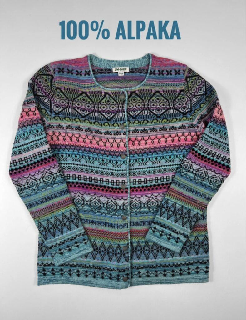 Damski kardigan DW-Shop we wzory – kolorowy styl etniczny – 100% alpaka