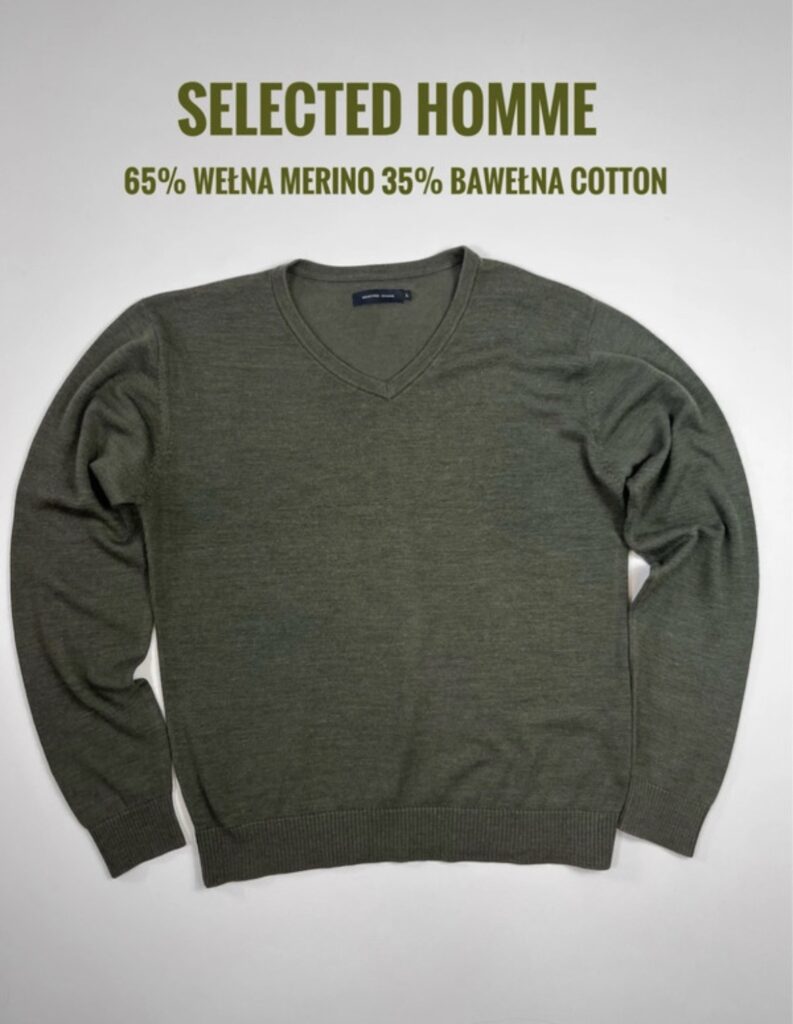 Męski sweter Selected Homme V-neck – klasyczny khaki – 65% wełna merino, 35% bawełna