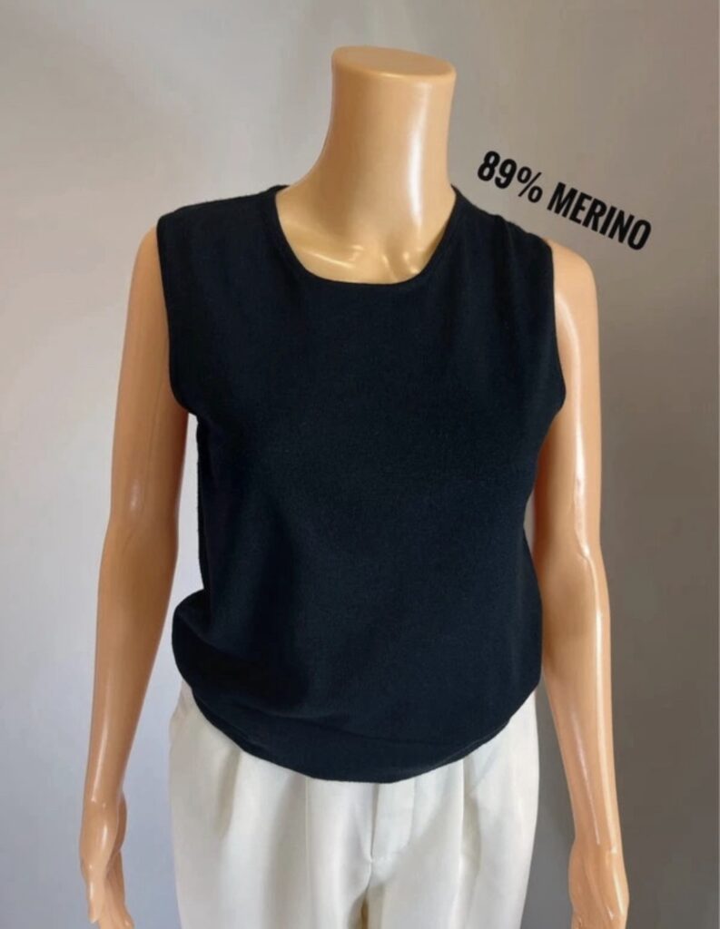 Czarny top damski M 89% wełna merino Extra Fine bez rękawów